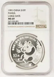 中国 1991 1 オンス 999 シルバー パンダ 10 元コイン NGC MS69 DPL ラージ デイト GEM BU+