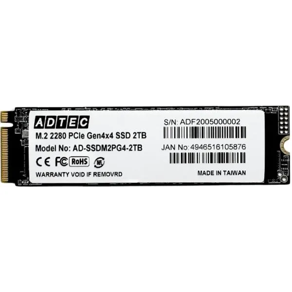 ADTEC アドテック AD-SSDM2PG4-2TB 3D NAND PC内蔵用M.2 Gen4x4 SSD M.2 NVMe PCIe Gen4x4(2280)AD-SSDM2PG4 2TB