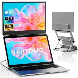 Laptomoデュアルモニター15.6インチモバイルディスプレイIPSFHD1080Pノートパソコン用モニタ折りたたみ、ポータブルモニタ拡張2画面上部モニター拡張持ち運びUSB-C/HDMIポート付き、対応