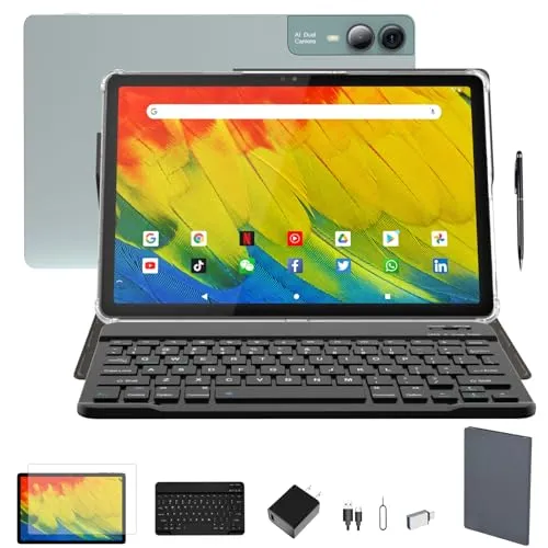 MSLSTM 2025 最新11インチタブレット Android 14タブレット 18GB RAM 128GB ROM+1TB TF 拡張、2Kディスプレイ、T616 CPU、23MPカメラ、5G WiFi、4スピーカー、キーボード付きタブレット、ケース、