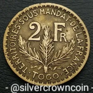 トーゴ フランス委任統治領 2フラン 1924年 A. KM#3。2ドル硬貨。パリ造幣局。