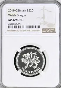 2019年 20ポンド シルバー ウェルシュ ドラゴン NGC MS69 DPL プライド オブ ウェールズ グレートブリテン