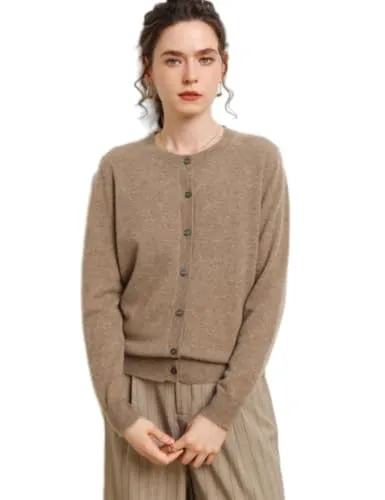 [Aecsoc] クルーネック 長袖 100%カシミヤ カーディガン セーター レディース 秋冬 ZSBR-8367 (JP, アルファベット, XL, キャメル)