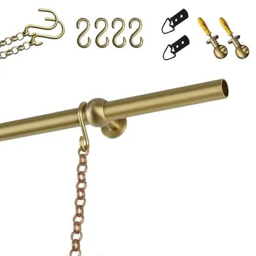 壁掛け ピクチャーレール 真鍮 ギャラリーレール ヴィンテージ 真鍮 ピクチャーレール エキシビション用 掛画レール チェーンとフック付き 油絵 ポスター ミラー 対応 別荘 美術館 リビング オフィス 簡単取り付け(1.70m (66.9in))