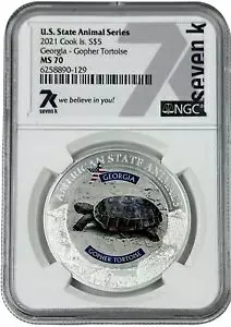 2021 クック諸島 $5 シルバー ジョージア ホリネズミ カメ 州立動物 NGC MS 70 7k