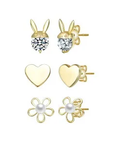 ジュネヴィヴェ レディース アクセサリー ピアス・イヤリング Genevive Plated with Clear Cubic Zirconia & Mother of Pearl Rabbit Heart & Flower Stud Earring 3-Piece Set Gold ゴールド