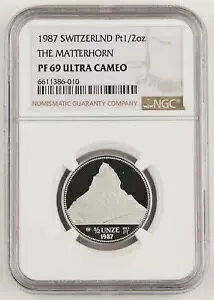 スイス 1987 1/2 オンス プラチナ プルーフ コイン マッターホルン NGC PF69 ウルトラ カメオ