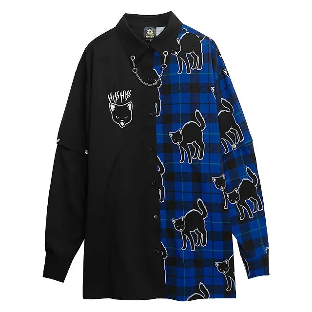 [マルイ]LISTEN FLAVOR やんのかステップ黒猫2WAYシャツ【BLACK××BLUE】/LISTEN FLAVOR（LISTEN FLAVOR） ブラック×ブルー