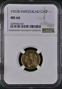 スイス、ゴールド 10 フラン 1922 B - NGC MS 66、レア