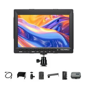 FEELWORLDFW7597インチDSLRカメラフィールドモニターフルHD1280x800輝度ヒストグラム補助フォーカス4KHDMI入力(F550バッテリー付き)