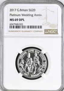 2017年 20ポンド銀貨：プラチナ結婚記念 NGC MS69 DPL 英国
