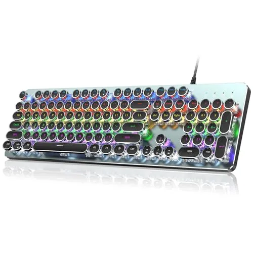 RisoPhy PC420 タイプライタースタイル メカニカルゲーミングキーボード メタルパネル レトロパンクラウンドキーキャップ、クリッキーブルースイッチ、レインボーLEDバックライト、104キー有線キーボード、ラウンドキーキャップ PCMacゲーマー用